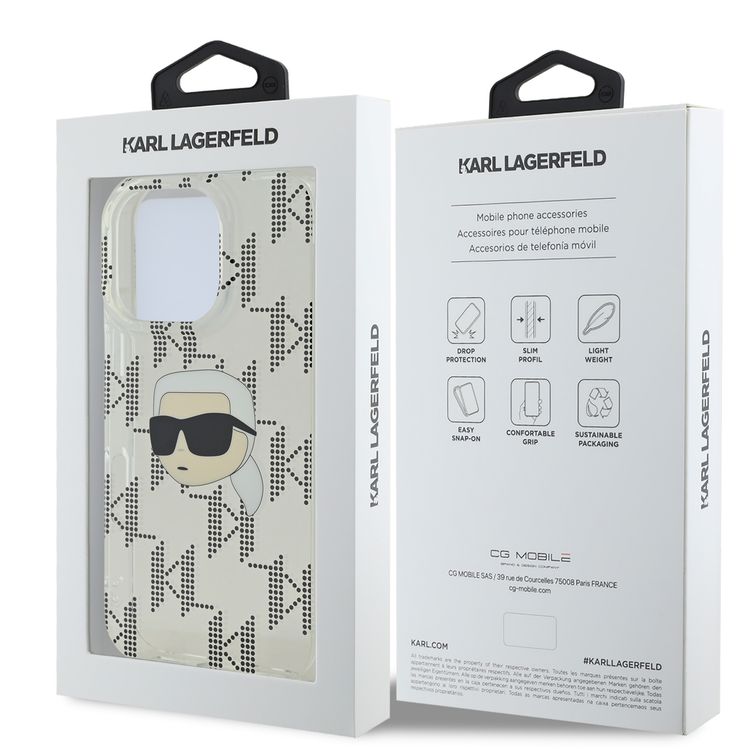 جراب Karl Lagerfeld IML الصلب مع تصميم Karl Head &amp; Monogram مطلي بالكهرباء لهاتف iPhone 16 Pro - شفاف