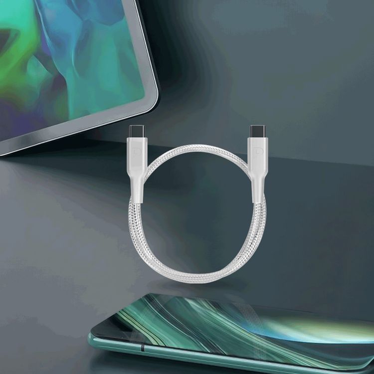 باورولوجي كابل مضفر من USB-C إلى USB-C مع توصيل طاقة 60 واط، بطول 30 سم، متوافق عالميًا، شحن سريع ونقل بيانات - أبيض.