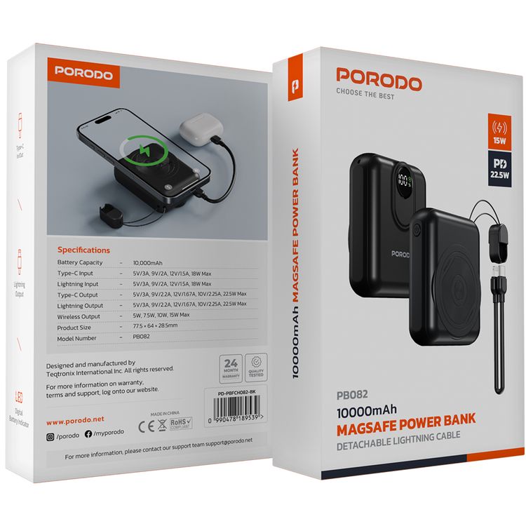 Porodo 10000mAh MagSafe Power Bank with Detachable USB-C to Lightning Cable, 22.5W Power Delivery, Digital Battery Indicator, 15W Maximum Wireless Output - Black