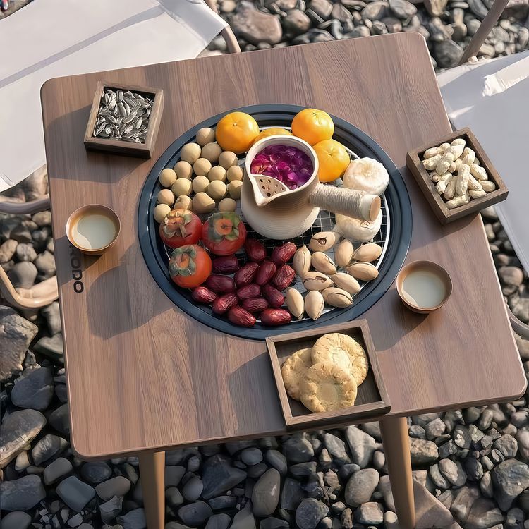 طاولة شواء مربعة متعددة الأغراض للاستخدام الخارجي مع حلقة واقية من الحرارة، ووعاء فحم قابل للإزالة، مصنوعة من الفولاذ الكربوني - بني