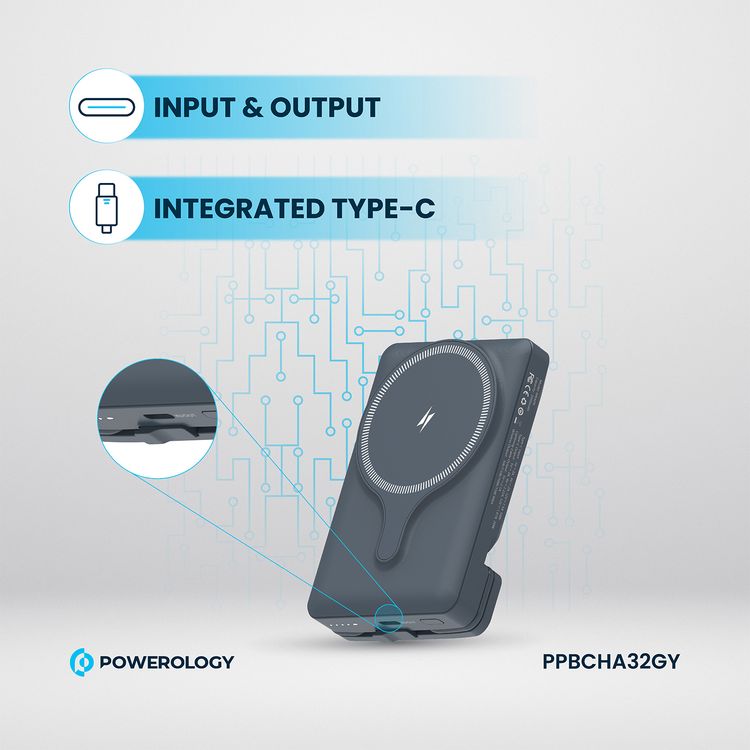 Powerology Car Mount 5000mAh Power Bank with Magnetic Wireless Charger, MagSafe Charging, PD 20W Fast Charge, Folding Air-Vent Clip, LED Indicator, Built-In Type-C Cable, Lightweight & Portable - Gray 