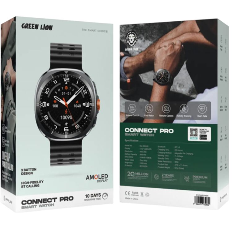 Green Lion Connect Pro Smart Watch, Always-On Display, Call & Social Notifications, Music Control,  Raise Wrist Wake Screen - Black