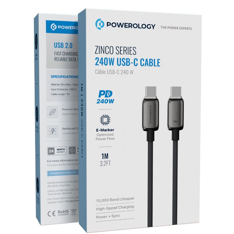 كابل باورولوجي زينكو سيريز USB-C إلى USB-C بقدرة 240 واط، شحن عالي السرعة، طول الكابل 1 متر، مصنوع من النايلون المجدول وسبيكة الزنك، سرعة نقل بيانات 480 ميجابت في الثانية