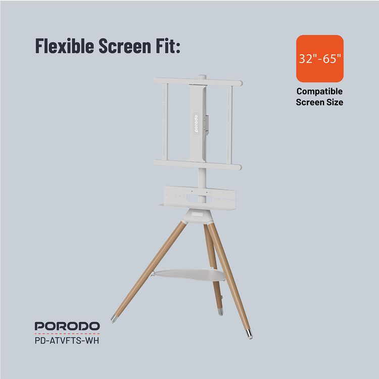 Porodo Wooden Tripod TV Stand with 35kgs Maximum Weight Capacity, 32"-65" Screen Compatibility, Media Device Storage, VESA Compatibility - White