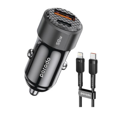 Porodo 50W Dual Port Car Charger USB-C to Lightning Cable, 50W Total Output, Simultaneous Charging, Portable, 1m Cable Length - Black