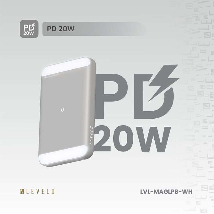 Levelo MagLight Portable Power Bank 8000mAh woth Rear & Selfie Fill Light, 20W Power Delivery, 3 Light Modes, Fast Charging Support, 15W Wireless Charging - Black 