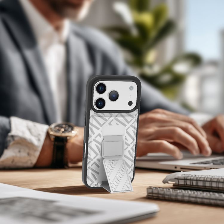 حافظة Levelo Morphix Cuero GripStand لهاتف iPhone 17 Pro، مع حواف مرفوعة للكاميرا والشاشة، ومصد مقاوم للصدمات، قبضة آمنة، عرض أفقي وعمودي - سيلفرستون.