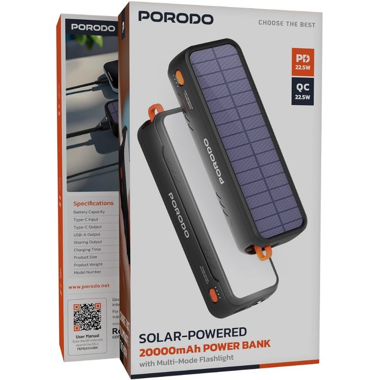 Porodo Solar-Powered 20000mAh Power Bank with Multi-Mode Flashlight, Solar Charging, 22.5W Power Delivery,   22.5W QC - Black