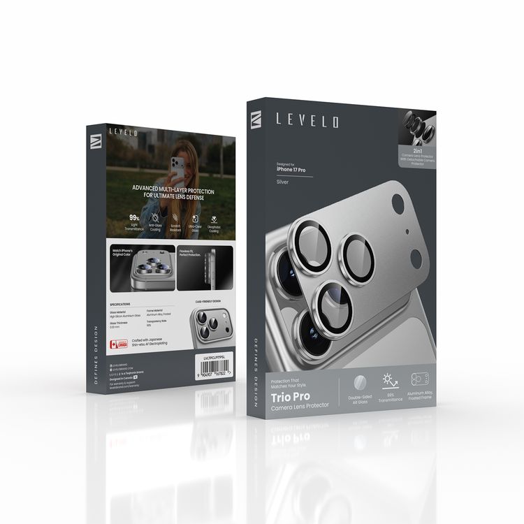 Levelo Trio Pro Camera Lens Protector for iPhone 17 Pro, Anti-Glare Coating, Scratch Resistant, Ultra-Clear Glass, Oleophobic Coating, Double-Sided AR Glass, Detachable Camera Protector, 0.33mm Thickness - Silver