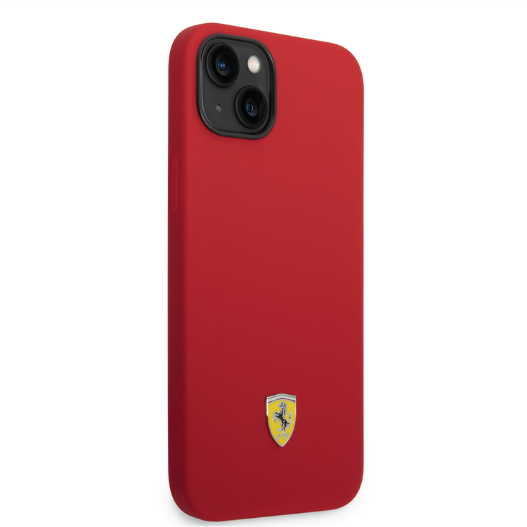 Ferrari Liquid Silicone Case with Black Camera Outline & Metal Logo iPhone 14 Plus Compatibility - Red