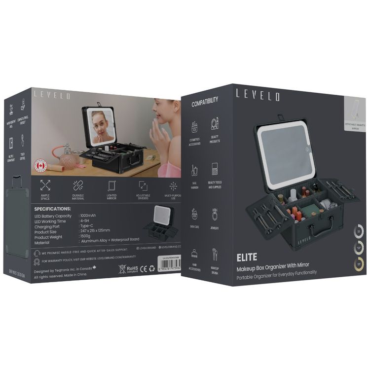 Levelo Elite Make-Up Box Organizer with Detachable Magnetic Mirror, 3 Light Modes, Adjustable Dividers, 4-5 Hours LED Working Time, Touch Control, USB-C Charging Port - Black