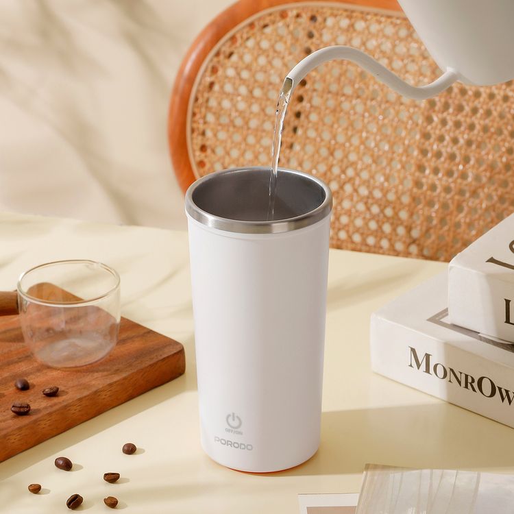 Porodo Lifestyle Auto-Stirring Insulated Mug with 400mL Capacity, Anti-Slip Base, 300mAh Battery Capacity, 120-Seconds Mixing Time with Auto-Stop - White