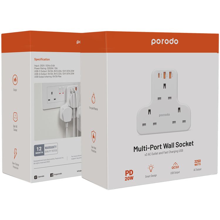 Porodo Multi-Port Wall Socket with 20W Power Delivery, Overheat & Overcharge Protection, UK 3-Pin Power Plug, 3250W AC Power, Fireproof Material, Smart Design - White