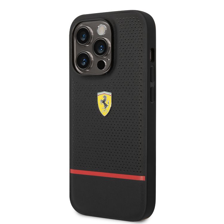 Ferrari Genuine Leather Case Perforated and Bottom Contrasted Line iPhone 14 Pro - Black