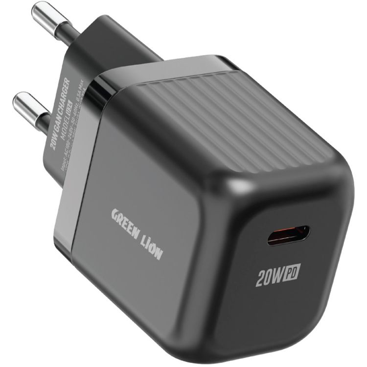 Green Lion Ultra Compact GaN Wall Charger with Single USB-C Port and USB-C to USB-C Cable, PC Flame Retardant Material, Fast Charging Support, Charging Protection, Universal Compatibility, Ultra Portable - Black