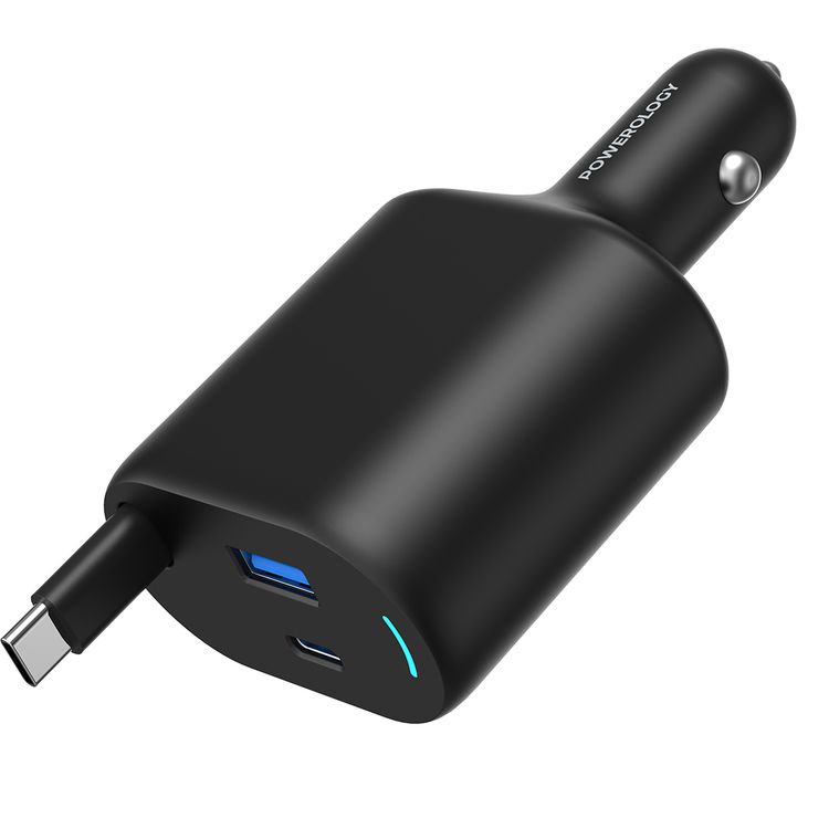 Powerology Type-C Retractable Car Charger, Dual Ports, Patented Design, Built-in Safeguards, Simultaneous Charging, Integrated Type-C Cable - Black