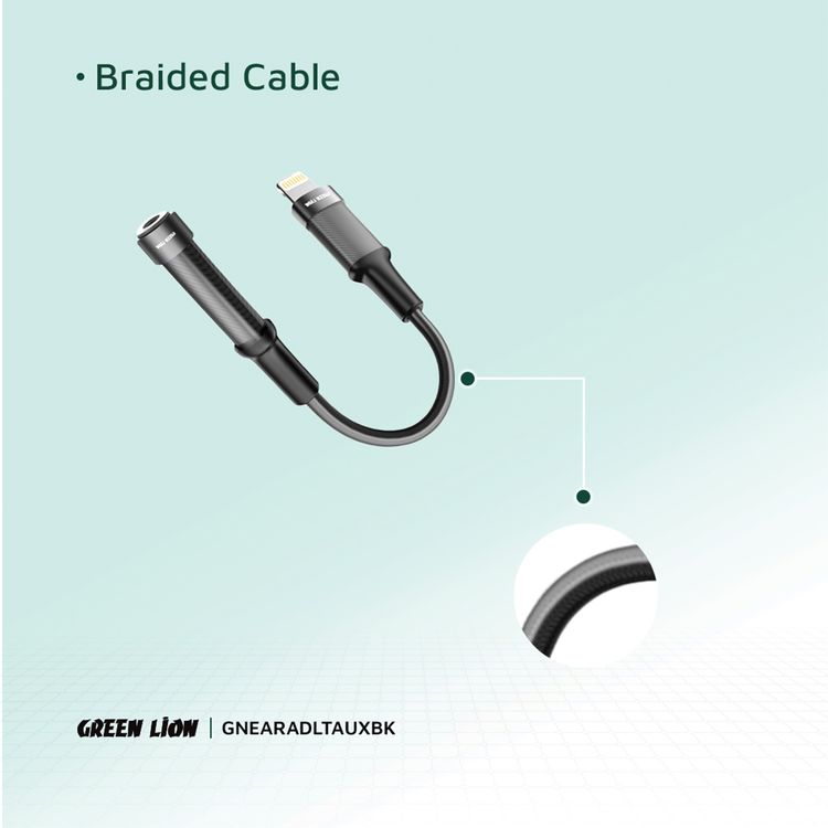 محول سماعة رأس Green Lion بموصل Lightning إلى مقبس صوت 3.5 مم، طول الكابل 12 سم، وظيفة تشغيل الموسيقى والمكالمات، عمر افتراضي لأكثر من 10,000 انحناء - أسود