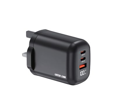شاحن حائط بلاج مزود بفيشة UK من جرين لايون Q-SERIES بقوة 100W مع 2× منافذ Type-C + USB-A، شحن سريع، مصنوع من مادة PC مقاومة للحريق، عرض في الوقت الحقيقي، تقنية GaN عالية الكفاءة - أسود.