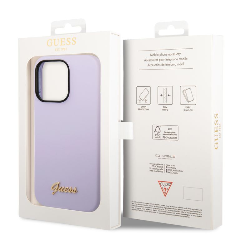 Guess Liquid Silicone Case With PC Camera Outline & Script Metal Logo - iPhone 14 Pro - Purple