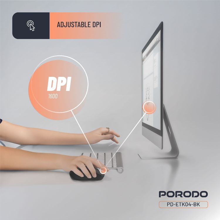 Porodo Dual Mode Wireless Mouse with Adjustable DPI Up to 1600, 7m to 10m Effective Range, 300mAh Battery Capacity, Bluetooth V5.4, Ergonomic Design, Plug & Play - Black