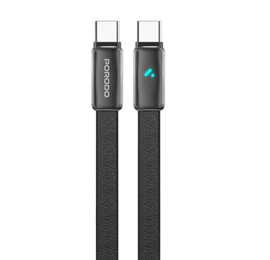 Porodo كابل جلد USB-C إلى USB-C بقوة 100W، للشحن ونقل البيانات، بطول 1.2 متر، شحن عالي السرعة، سماكة كابل 4.7 مم، سرعة نقل بيانات 480Mbps - أسود