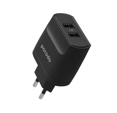 Porodo Blue Dual Port Wall Charger 2.4A with Fireproof Material, EU 2-Pin Plug, Overheat Protection, Overheat Protection, 100-240V Input - Black