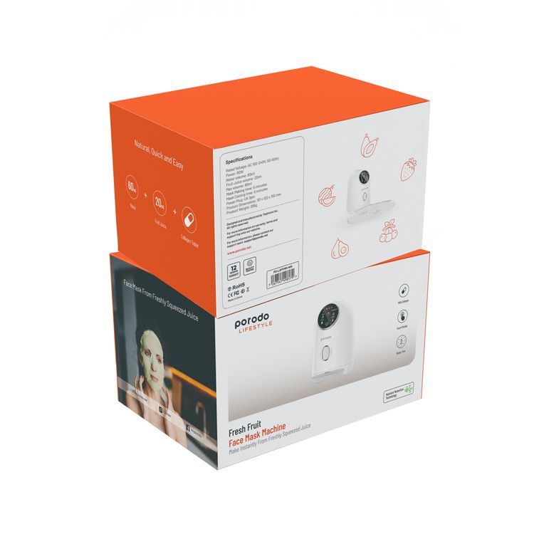 Porodo Lifestyle Fruit Facial Mask Maker with 5 Minutes Mask Preparation Time, 80W Power, Touch Display, 60mL Water Capacity, Collagen Tablets Included, 20mL Fruit Juice Capacity - White