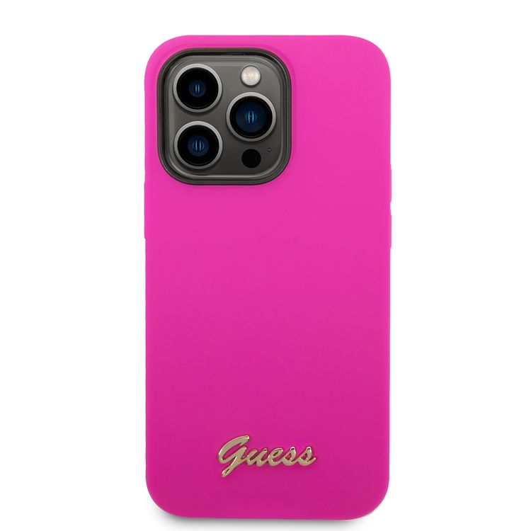 Guess Liquid Silicone Case With PC Camera Outline & Script Metal Logo - iPhone 14 Pro - Fuchsia