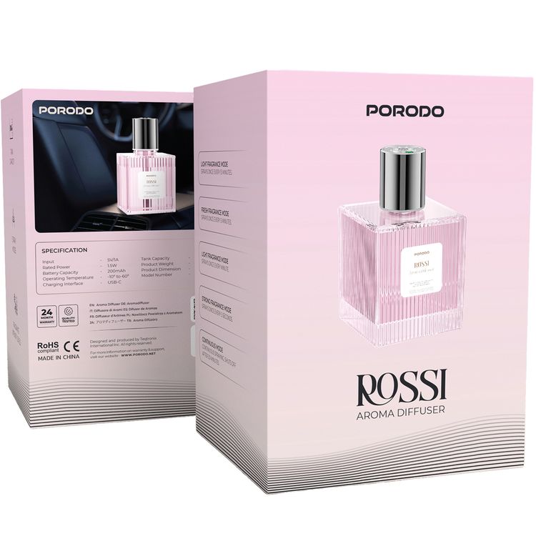 Porodo Rossi Aroma Diffuser with 500mL Tank Capacity, 5 Spray Modes, Fragrance Intensity Levels, Strong Fragrance Mode, USB-C Charging Interface, -10°C to -60°C Operating Temperature, 1.5 W Rated Power, Continuous Mode, Light Fragrance Mode - Pink