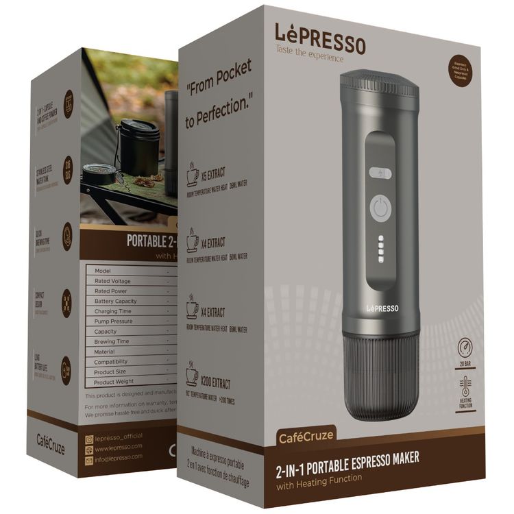 LePresso Portable 2-in-1 Espresso Maker with Heating Function, 3-4 Minutes Brewing Time, 65mL Capacity, Coffee Powder & Nespresso Capsules Compatibility, 95W Rated Power, Stainless Steel Water Tank - Gray
