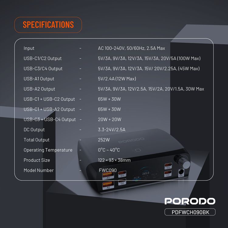 Porodo Powergate Smart Power Station with 7-Port GaN Technology, 252W Total Output, 100W Max USB-C1 & C2 Output, 45W Max USB-C3 & C4 Output, 12W Max USB-A1 Output, 30W Max USB-A2 Output, Universal Device Support, Smart Power Distribution, Multi-Device Charging, Real Time Display - Black