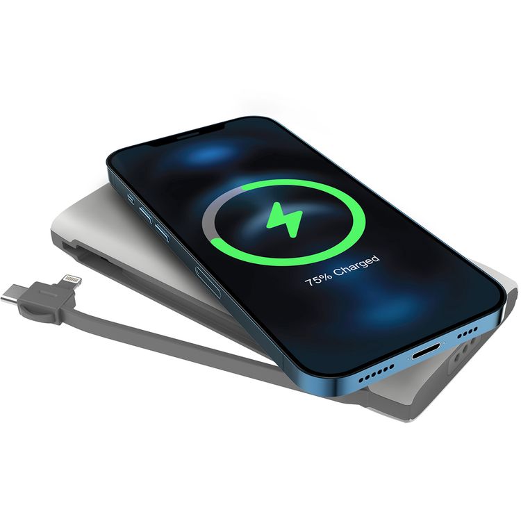 Powerology 4-in-1 10000mAh Power Bank Station with Built-in Lightning/Type-C Cable, 20W Power Delivery, 15W Maximum Wireless Output, UK 3-Pin Power Plug - White