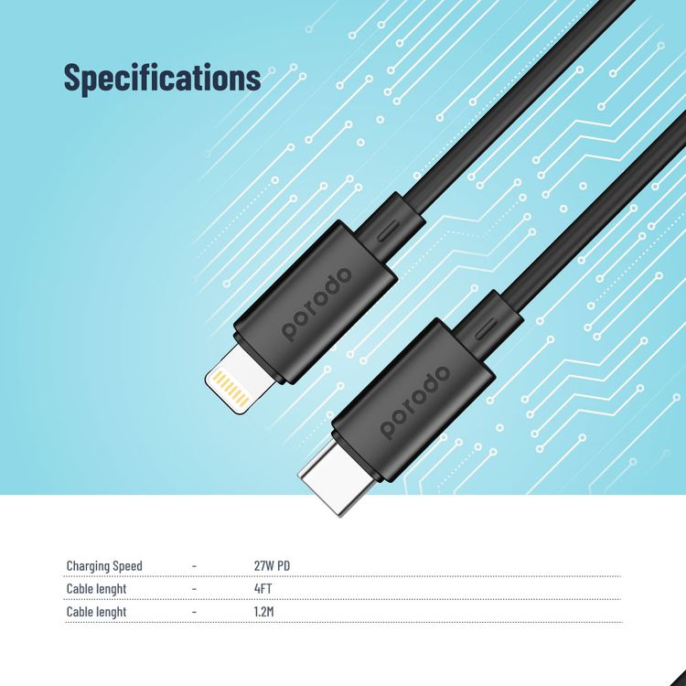 Porodo USB-C To Lightning Cable with Universal Compatibility, Fast Charging & Data Transfer, Flexible Material, 1.2m Cable Length - Black