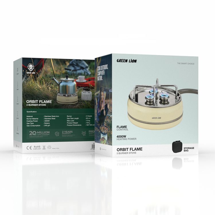 Green Lion Orbit Flame 3-Burner Stove, Butane Gas, Ignition Switch, Flame Control, 4000W Heating Power, Up to 15kg Load Capacity, Stainless Steel & Iron Material, 60cm Gas Pipe Length - Beige