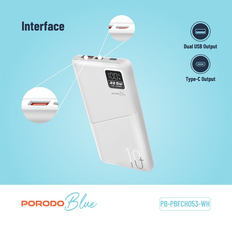 Porodo Blue Quick Charge Power Bank with USB-A & USB-C Outputs, 10000mAh Battery Capacity, Digital Display, 20W Power Delivery - White