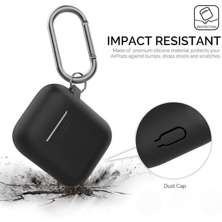 AhaStyle Keychain Silicone Case with Anti-Lost Ring Compatible for AirPods 1/2 Generation, Scratch Resistant, Drop Resistant, Dustproof and Absorbing Protective Cover with Hang Case - Black