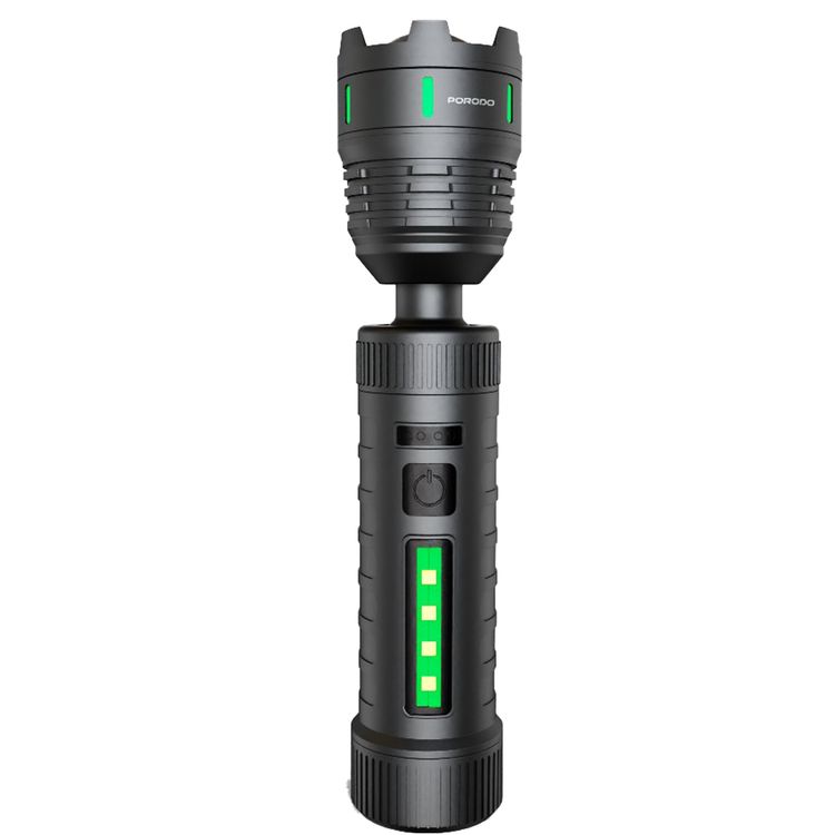Porodo Lifestyle Orbit Multi-Color Laser Torch with 5000mAh Power Bank Function, 4 Light Modes, 8 Hours Main Light & 20 Hours Side Light Battery Life, 200m Beam Distance, 38-300 Lumens Brightness Range, Multi-Purpose Side Light, 360° Rotation, Zoom Focus - Black