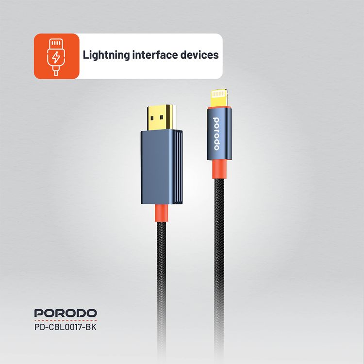 كابل بورودو المصنوع من سبائك الألومنيوم من لايتنينج إلى HDMI، بطول 2 متر، ودقة 1080 بكسل عالية الدقة، وتوصيل وتشغيل، وخالي من التشابك - أسود