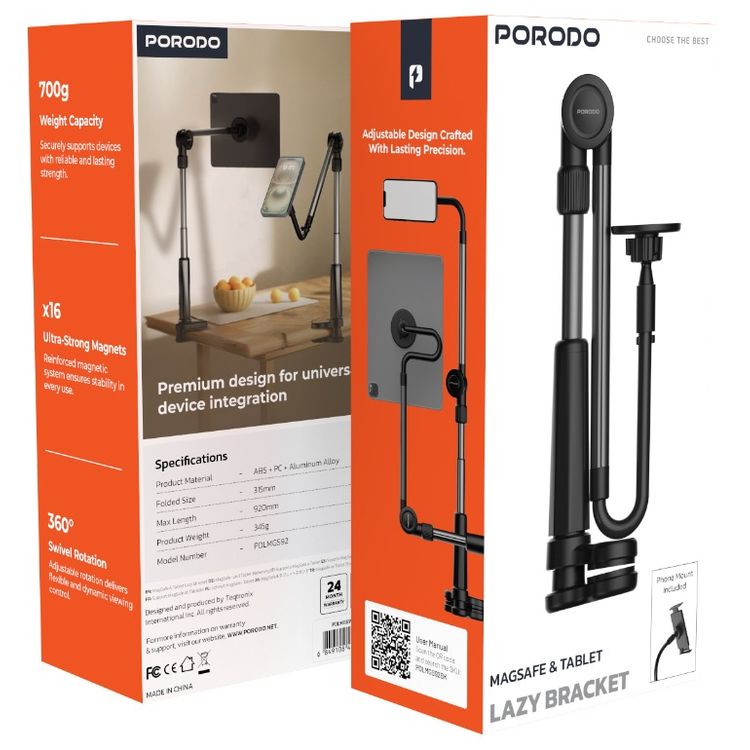 حامل بورودو ليزي مان مع شفط مغناطيسي 92 سم، قابل للحمل، دوران 360 درجة، 16 مغناطيس، مادة متينة، سعة وزن 700 جرام، متوافق مع الهواتف الذكية والأجهزة اللوحية - أسود 
