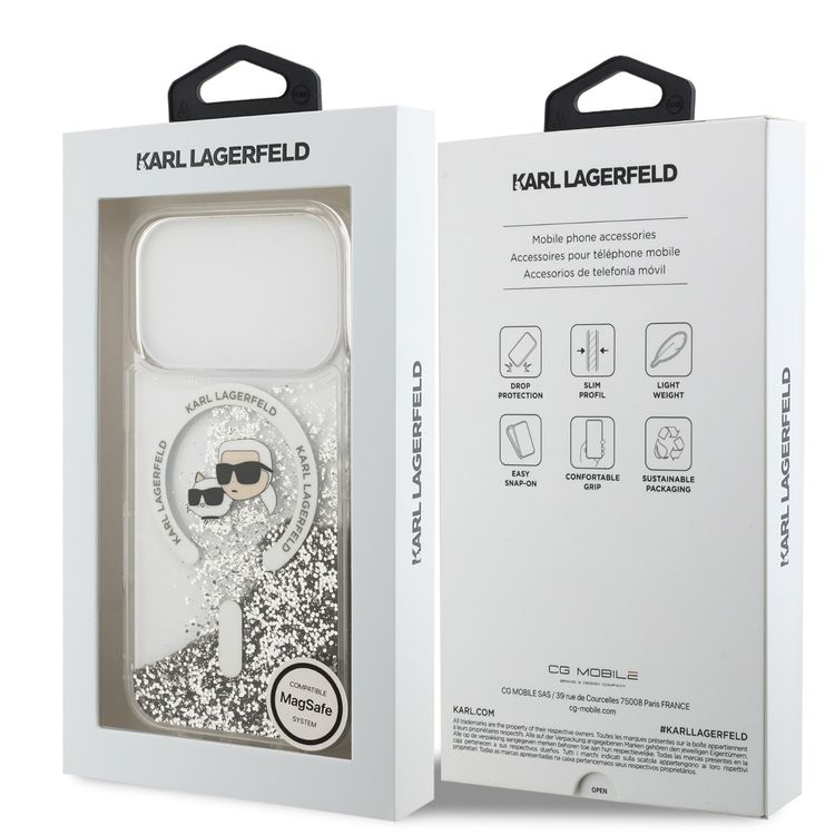 Karl Lagerfeld MagSafe Liquid Glitter Case with Karl & Choupette Heads for iPhone 17 Pro Max, Drop Protection, Comfortable Grip, Slim Profile & Lightweight Design, Sustainable Packaging, Easy Snap-On - Transparent