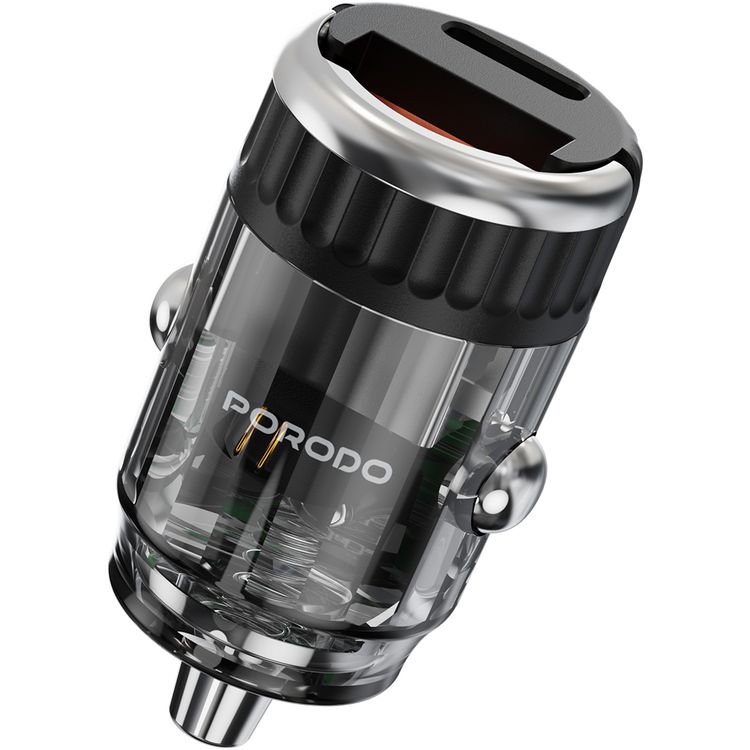 Porodo Dual Port Transparent Car Charger with USB-C to USB-C Cable, PD 36W, QC 18W, USB-A & USB-C Ports, Pull Ring Handle, Fast Charging Technology, Smart Charging Protocols, Universal Compatibility - Black