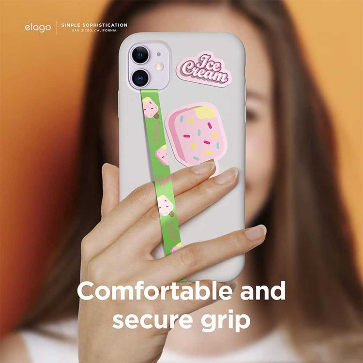 Elago Phone Strap for Smartphones,Stays Securely Attached,Avoids Drops,Double Sided Design for Variation,More Freedom to do more w/ Secure Strap-Green Strap & Strawberry Ice Cream