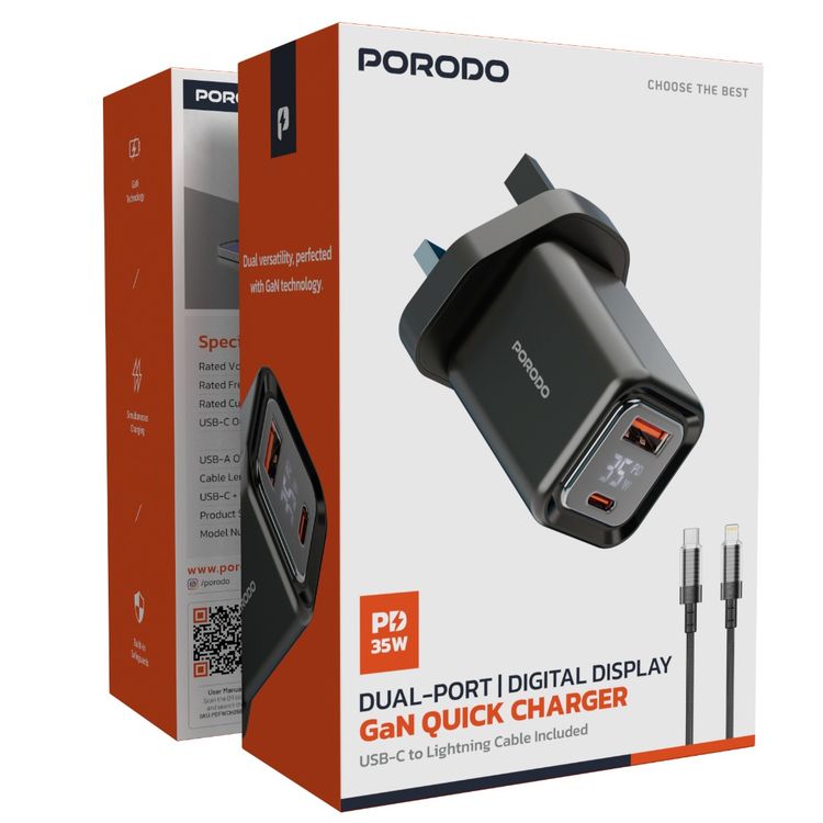 Porodo Dual-Port Quick Wall Charger with Type-C to Lightning Cable Included, 35W Power Delivery, Built-in Safeguards, Digital Display, 0.8A Maximum Rated Current, GaN Technology - Black