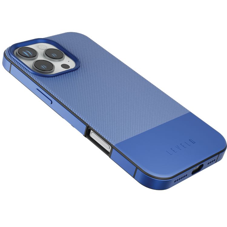 Levelo Cuir Two Tone Leather Case For iPhone 16 Pro, Durable, Compact Design, MagSafe Compatible, Hybrid Case, Impact-Resistant Corners , Aluminum Bumper Finish, High Quality Material - Blue
