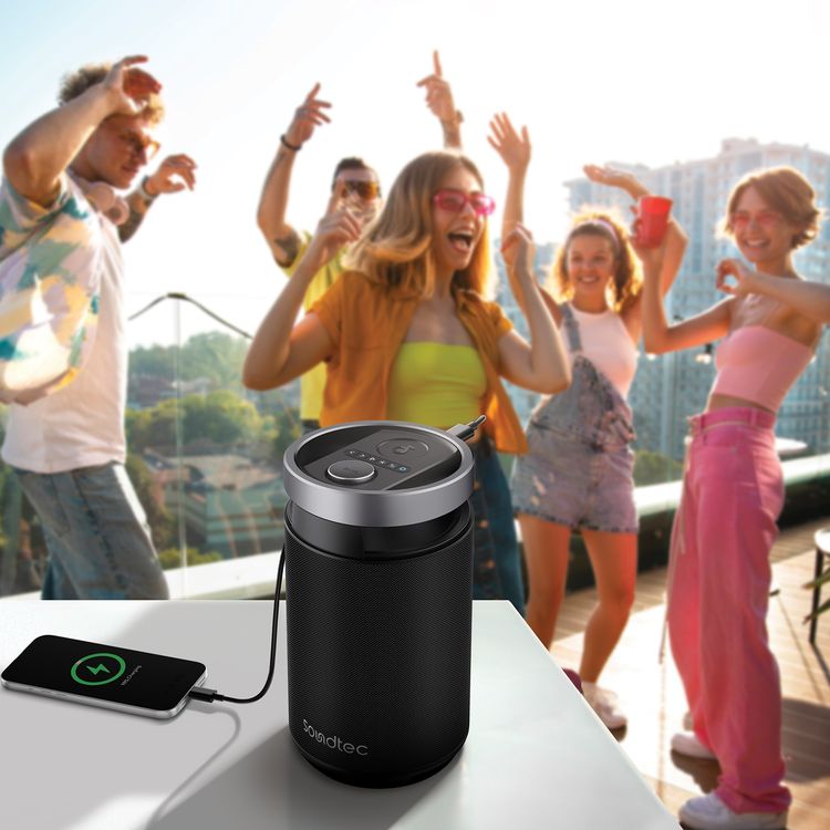 Porodo Tiesto Portable Karaoke Party Speaker with Bluetooth Version 5.3, 7000mAh Battery Capacity, 360° Surround Sound, IPX5 Water Resistance Level, 10m Transmission Range, Microphone Port, Power Bank Function, 10 Hours Charging Time, 10 Hours Play Time, RGB Lights, Grip Handle - Black