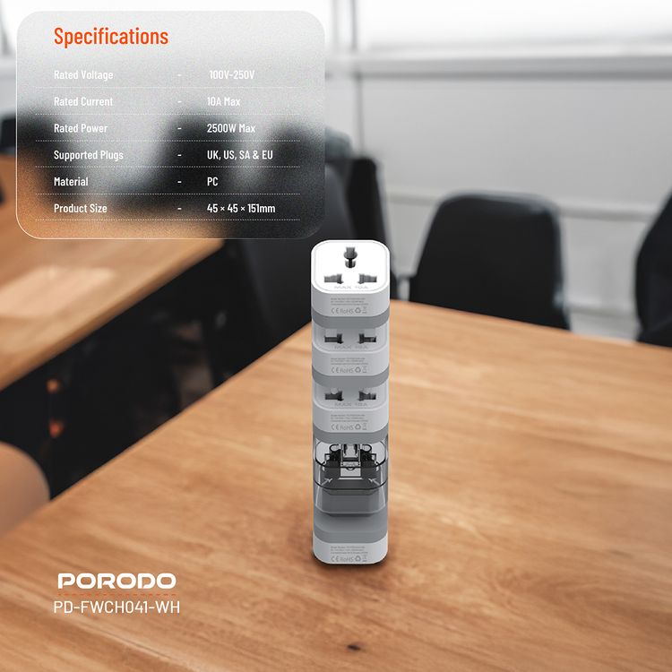 Porodo 150+ Countries Universal AC Adapters with UK, US, SA & EU Plugs, Portable & Multi-Functional Design, PC Material, 2500W High-Power Capacity, Built-in Safeguards - White