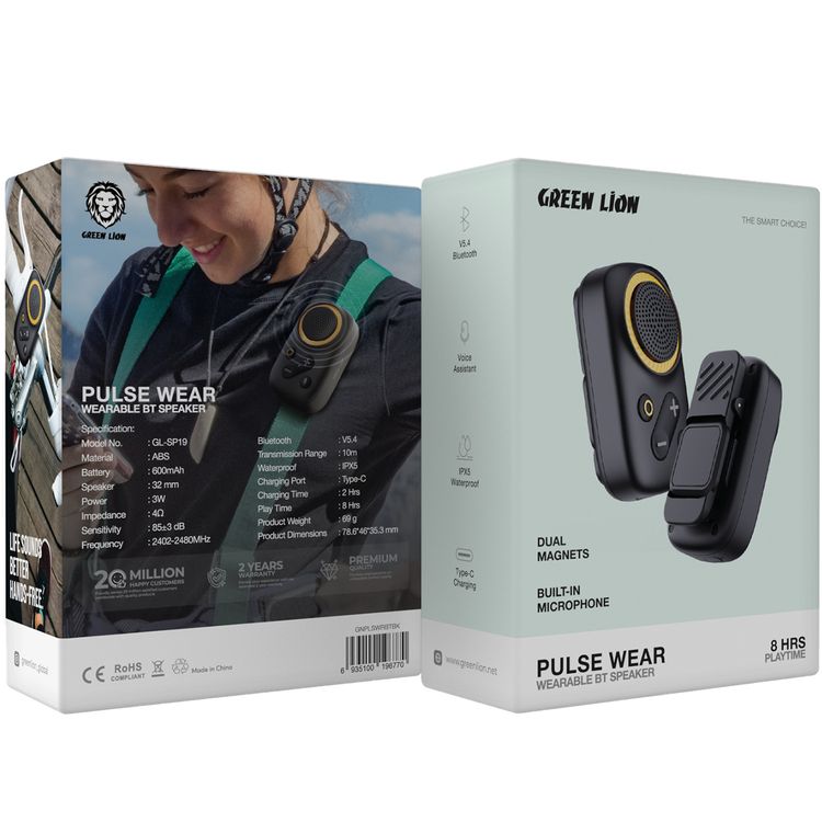Green Lion Pulse Wear Bluetooth Speaker with Built-in Microphone, 8 Hours Play Time & 2 Hours Recharge Time, Wearable Design, Voice Assistant, 10m Transmission Range, Type-C Charging Port, Dual Magnets - Black