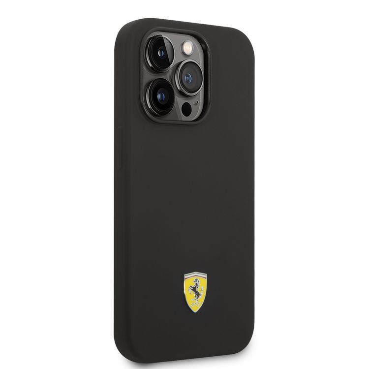 CG Ferrari Magsafe Compatibility Liquid Silicone Case with Metal Yellow Logo Shield iPhone 14 Pro Max Compatibility - Black