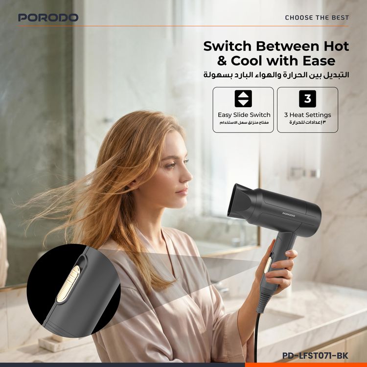 Porodo Lifestyle 1200W Foldable Hair Dryer with 1.8m Cable Length, Concentrator Nozzle, One-Slide Switch, Overheat Protection, Powerful Airflow, UK 3-Pin Plug, Portable - Black