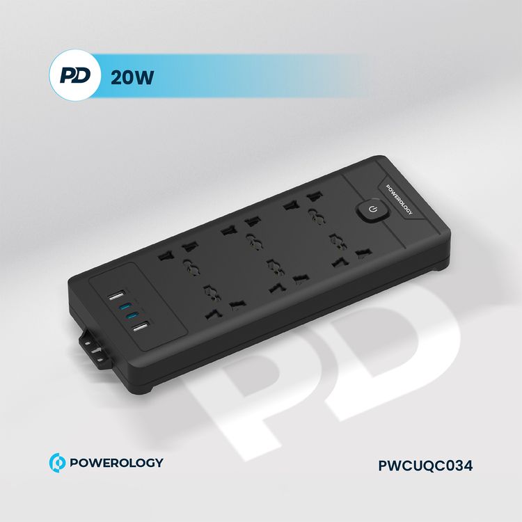 Powerology Power Strip with Power Switch, 20W PD, 3m, UK Plug, 5V/3A Simultaneous Use, 2 USB-C Ports, 2 USB-A Ports, 6 AC Sockets - Black